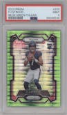C.J. Stroud from the 2023 Panini Prizm set featuring a Neon Green Pulsar parallel graded by PSA and given an overall grade of 9.