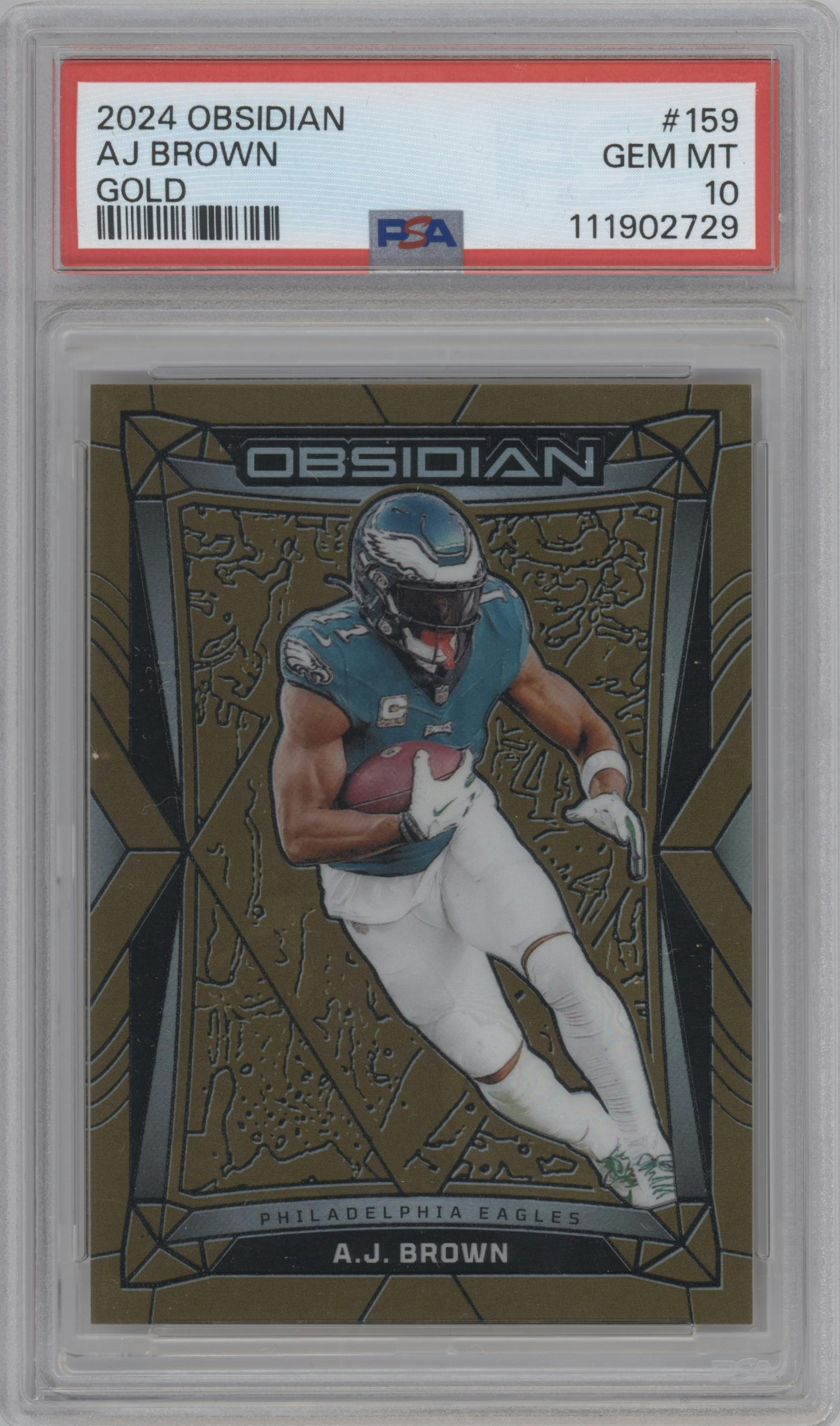 A.J. Brown from the 2024 Panini Obsidian set featuring a Gold parallel graded by PSA and given an overall grade of 10.