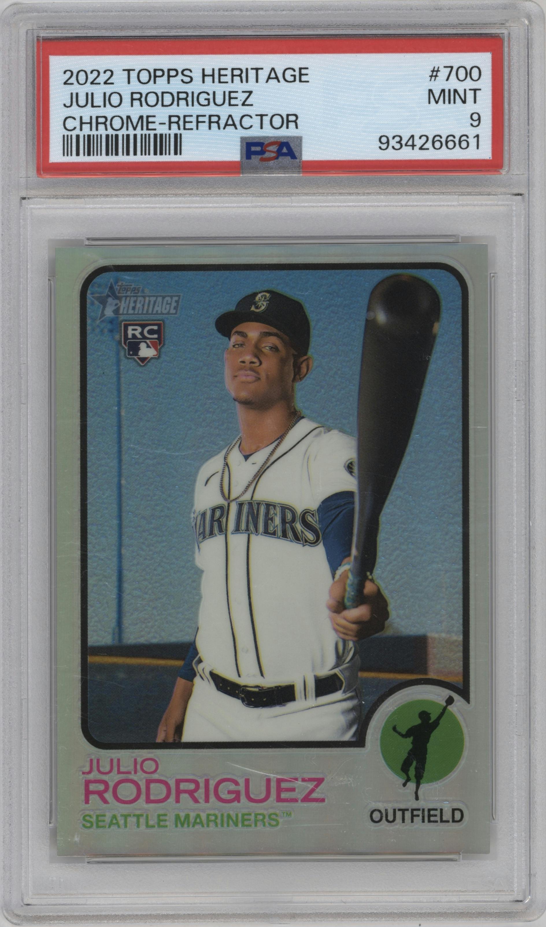 Julio Rodriguez from the 2022 Topps Heritage High Number set featuring a Refractor parallel graded by PSA and given an overall grade of 9.
