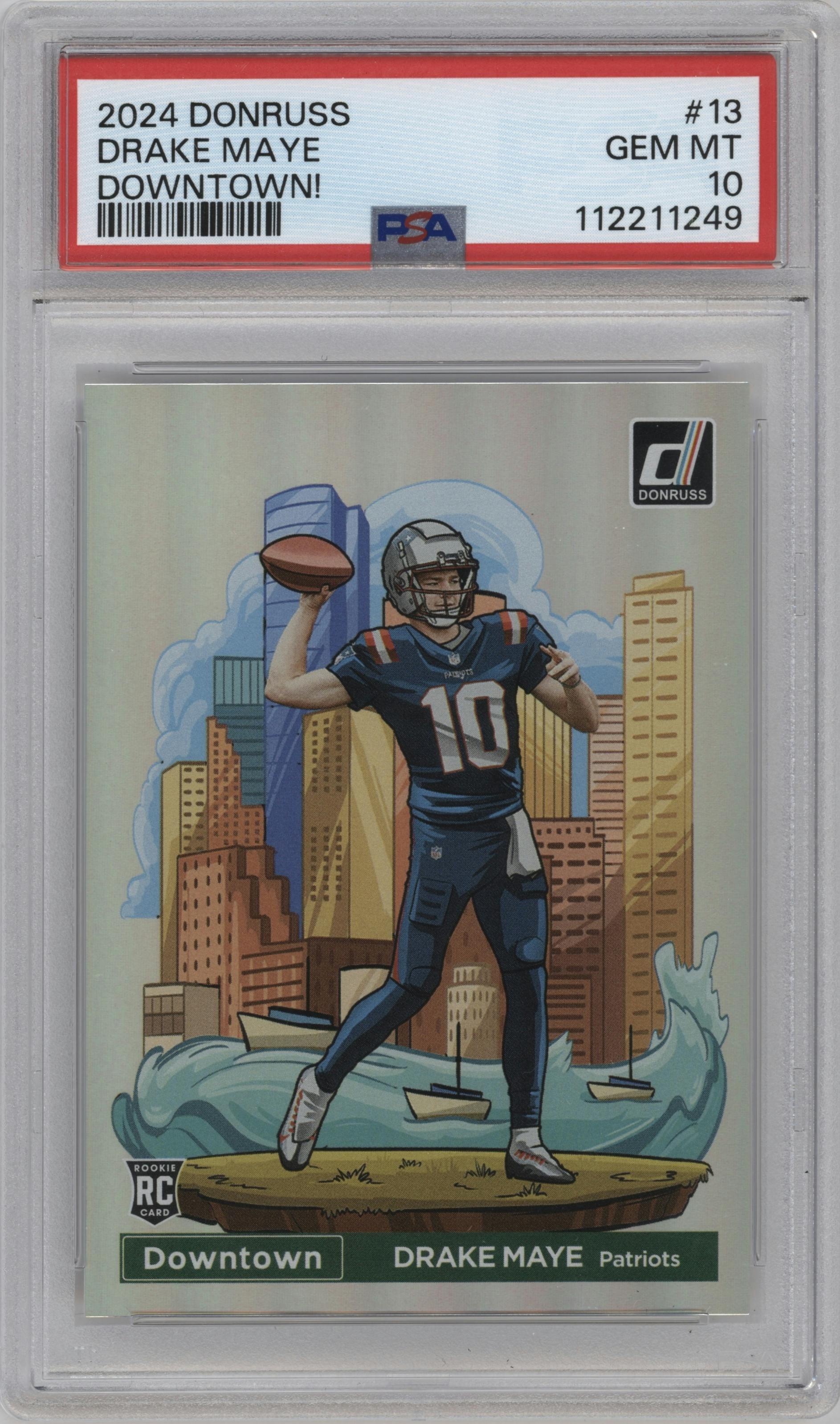 Drake Maye from the 2024 Donruss set graded by PSA and given an overall grade of 10.