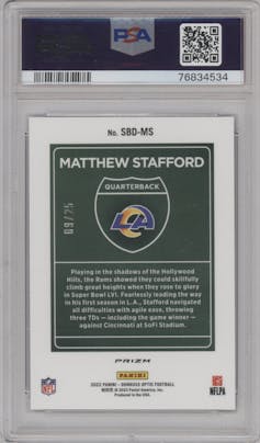 Matthew Stafford from the 2022 Panini Donruss Optic set featuring a Black Pandora parallel graded by PSA and given an overall grade of 10.