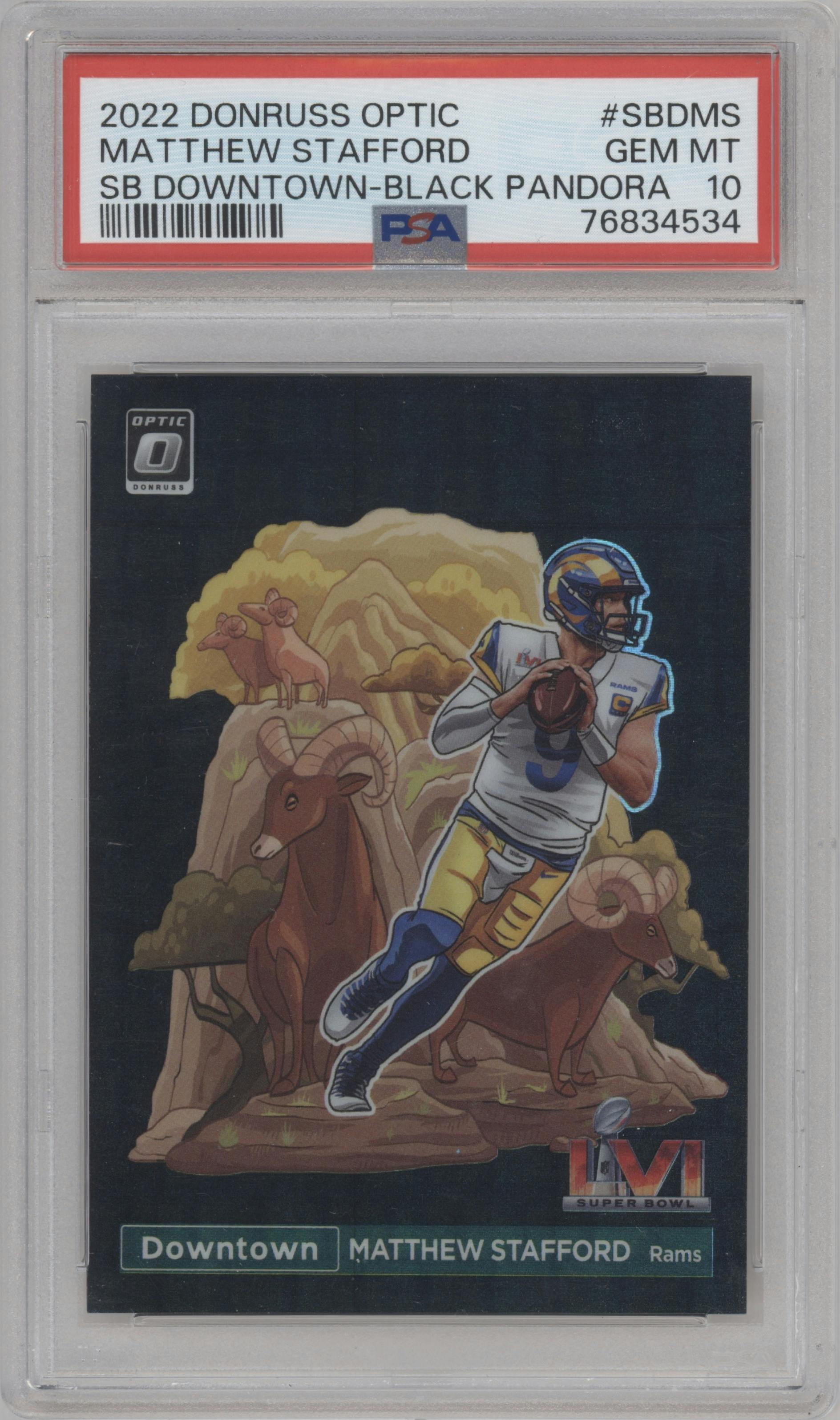 Matthew Stafford from the 2022 Panini Donruss Optic set featuring a Black Pandora parallel graded by PSA and given an overall grade of 10.