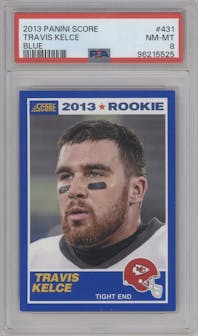 Travis Kelce from the 2013 Score set featuring a Blue parallel graded by PSA and given an overall grade of 8.