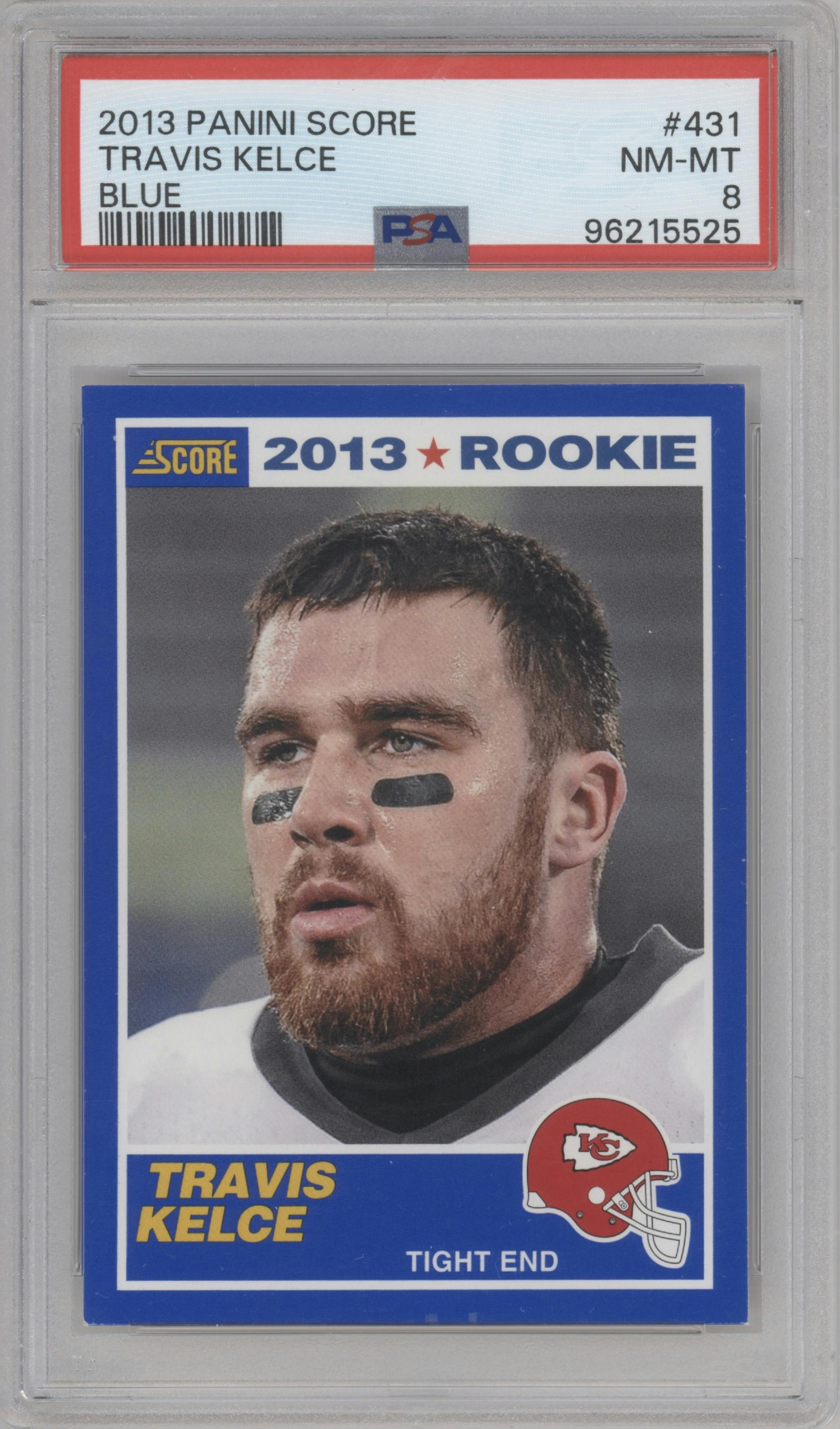 Travis Kelce from the 2013 Score set featuring a Blue parallel graded by PSA and given an overall grade of 8.