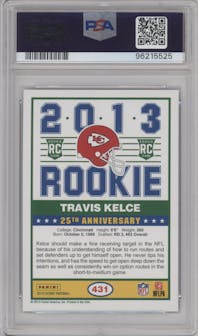 Travis Kelce from the 2013 Score set featuring a Blue parallel graded by PSA and given an overall grade of 8.