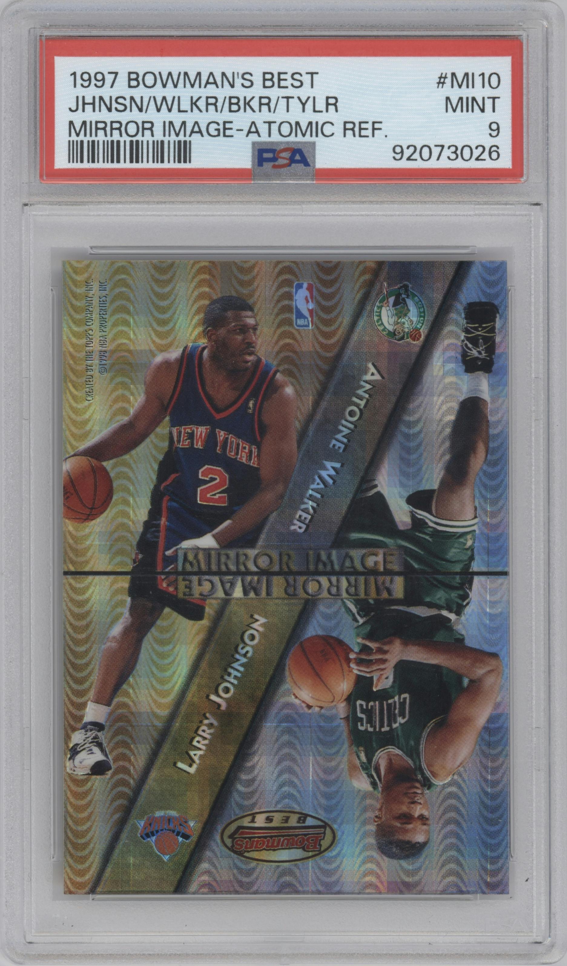 Larry Johnson/Antoine Walker/Maurice Taylor/Vin Baker from the 1997 Bowman's Best set featuring a Atomic Refractor parallel graded by PSA and given an overall grade of 9.