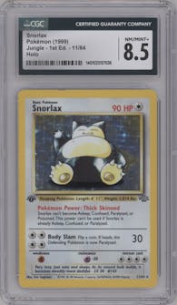 Snorlax from the 1999 Pokemon set graded by CSG and given an overall grade of 8.5.