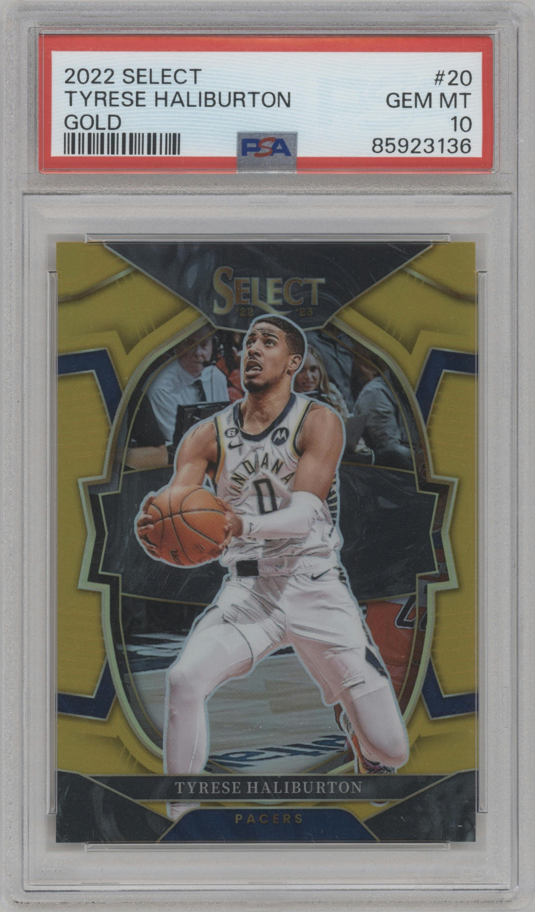 Tyrese Haliburton from the 2022-23 Panini Select set featuring a Gold Prizm parallel graded by PSA and given an overall grade of 10.