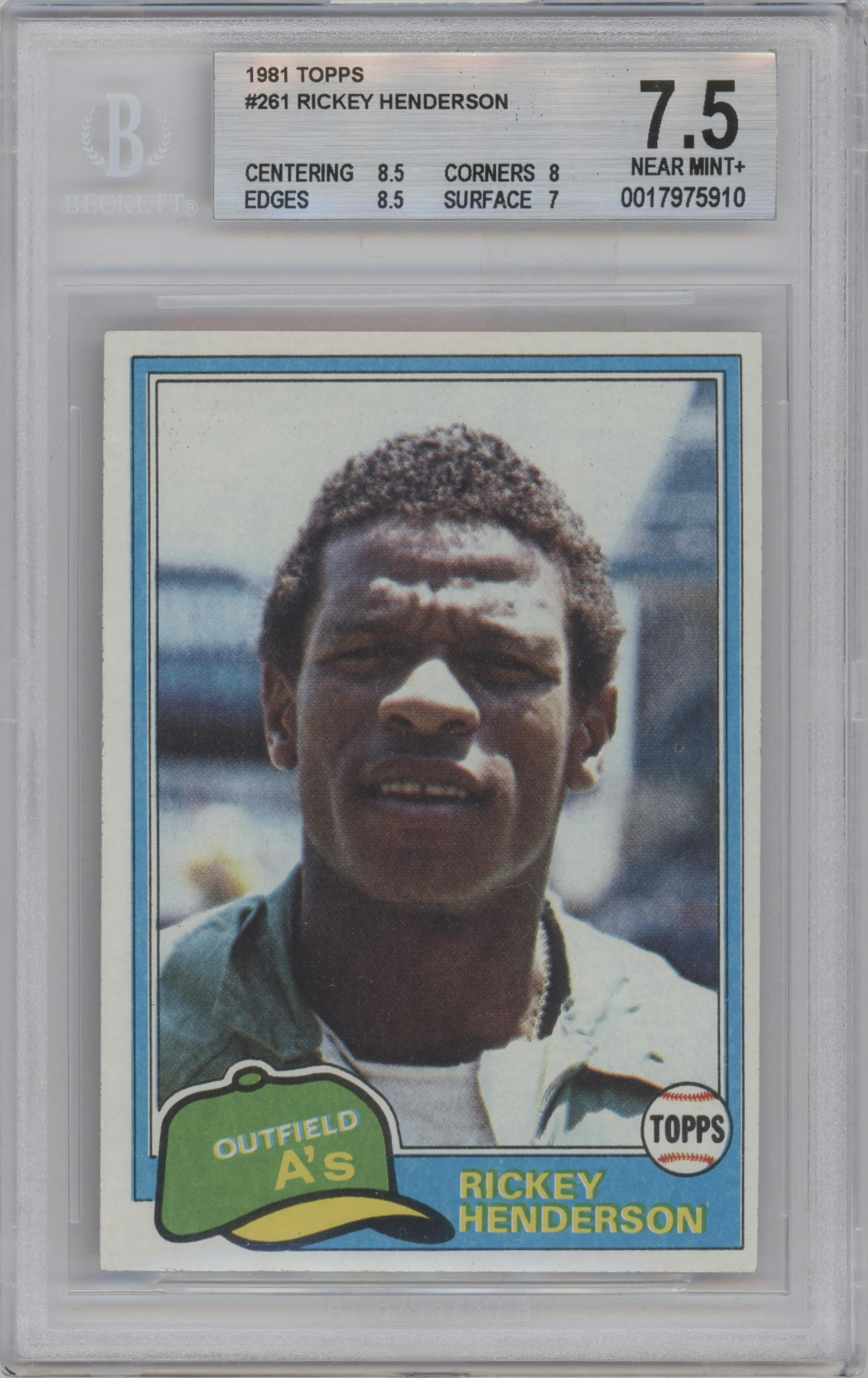 Rickey Henderson from the 1981 Topps set graded by Beckett and given an overall grade of 7.5.