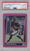 Justin Fields from the 2021 Panini Donruss Optic set featuring a Pink parallel graded by PSA and given an overall grade of 10.
