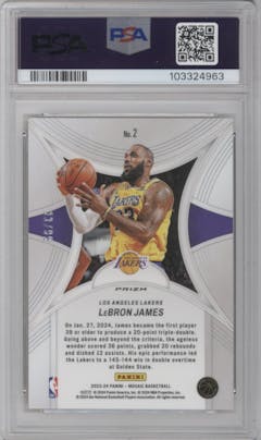 LeBron James from the 2023-24 Panini Mosaic set featuring a Reactive Yellow parallel graded by PSA and given an overall grade of 9.