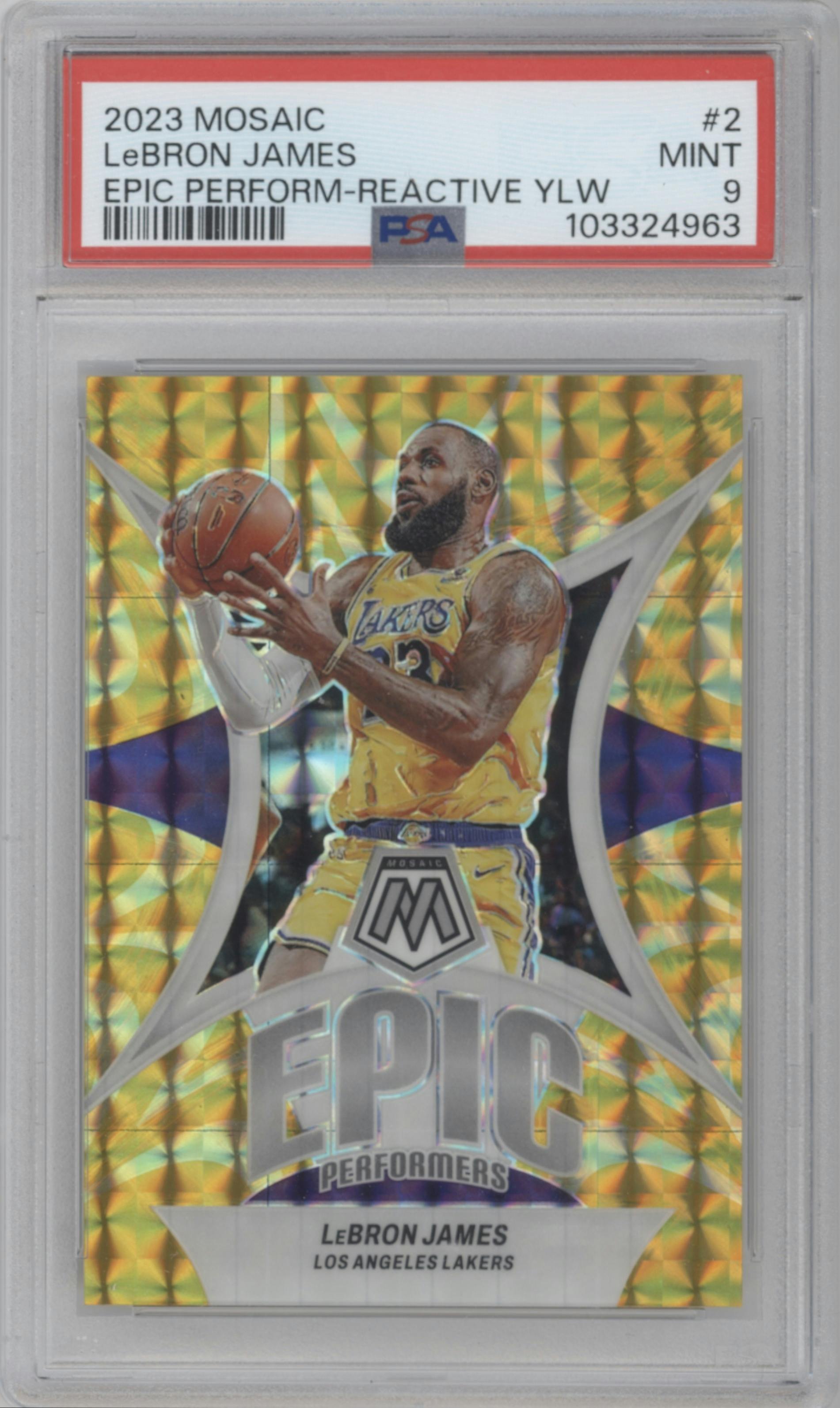 LeBron James from the 2023-24 Panini Mosaic set featuring a Reactive Yellow parallel graded by PSA and given an overall grade of 9.