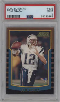 Tom Brady from the 2000 Bowman set graded by PSA and given an overall grade of 9.