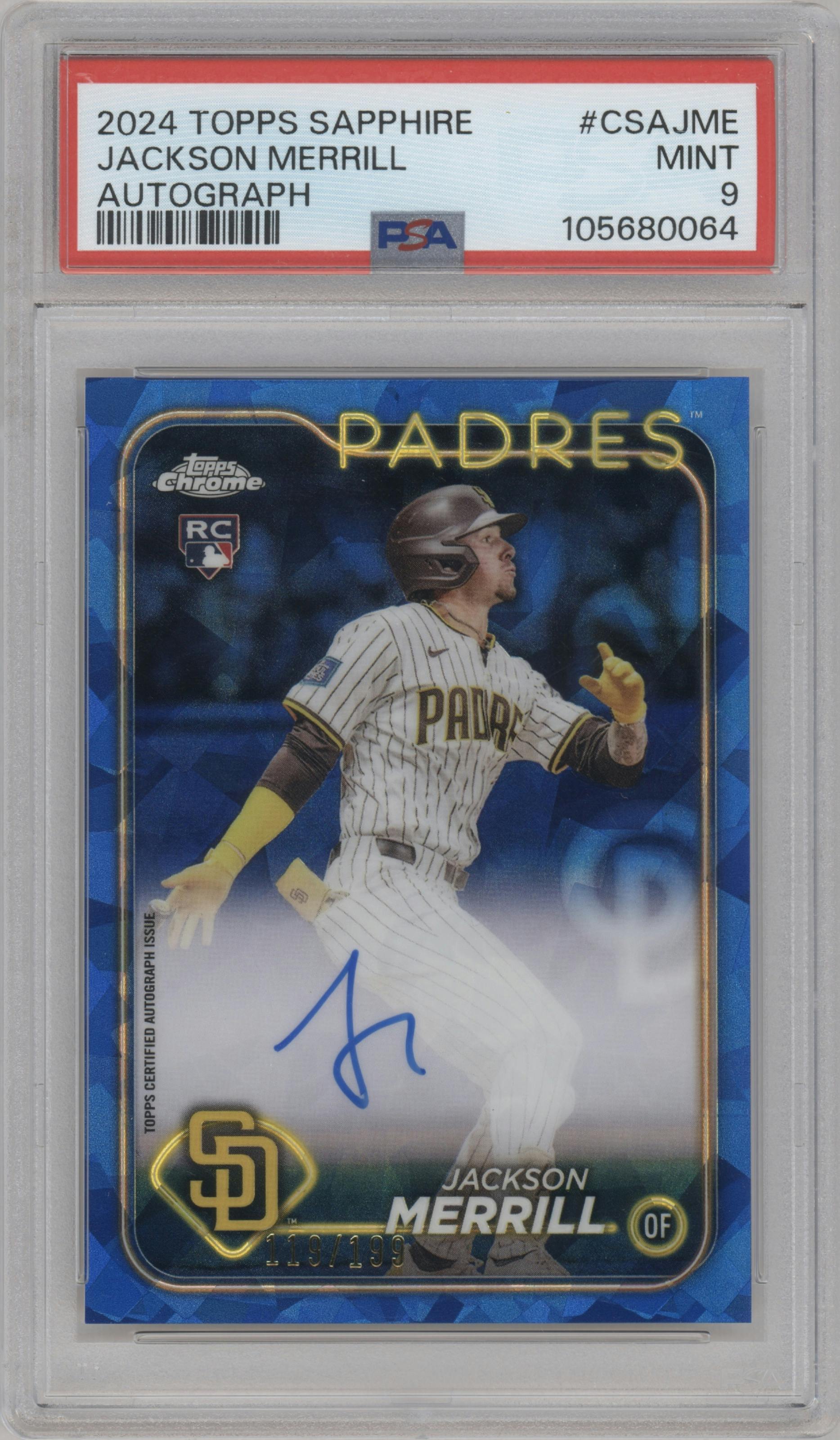 Jackson Merrill from the 2024 Topps Chrome Sapphire set graded by PSA and given an overall grade of 9.