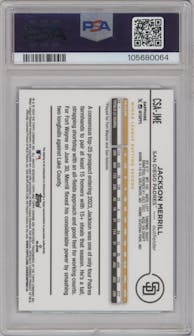 Jackson Merrill from the 2024 Topps Chrome Sapphire set graded by PSA and given an overall grade of 9.