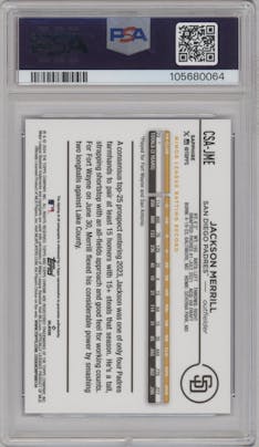 Jackson Merrill from the 2024 Topps Chrome Sapphire set graded by PSA and given an overall grade of 9.