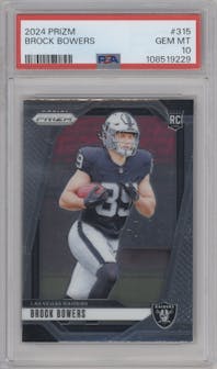 Brock Bowers from the 2024 Panini Prizm set graded by PSA and given an overall grade of 10.
