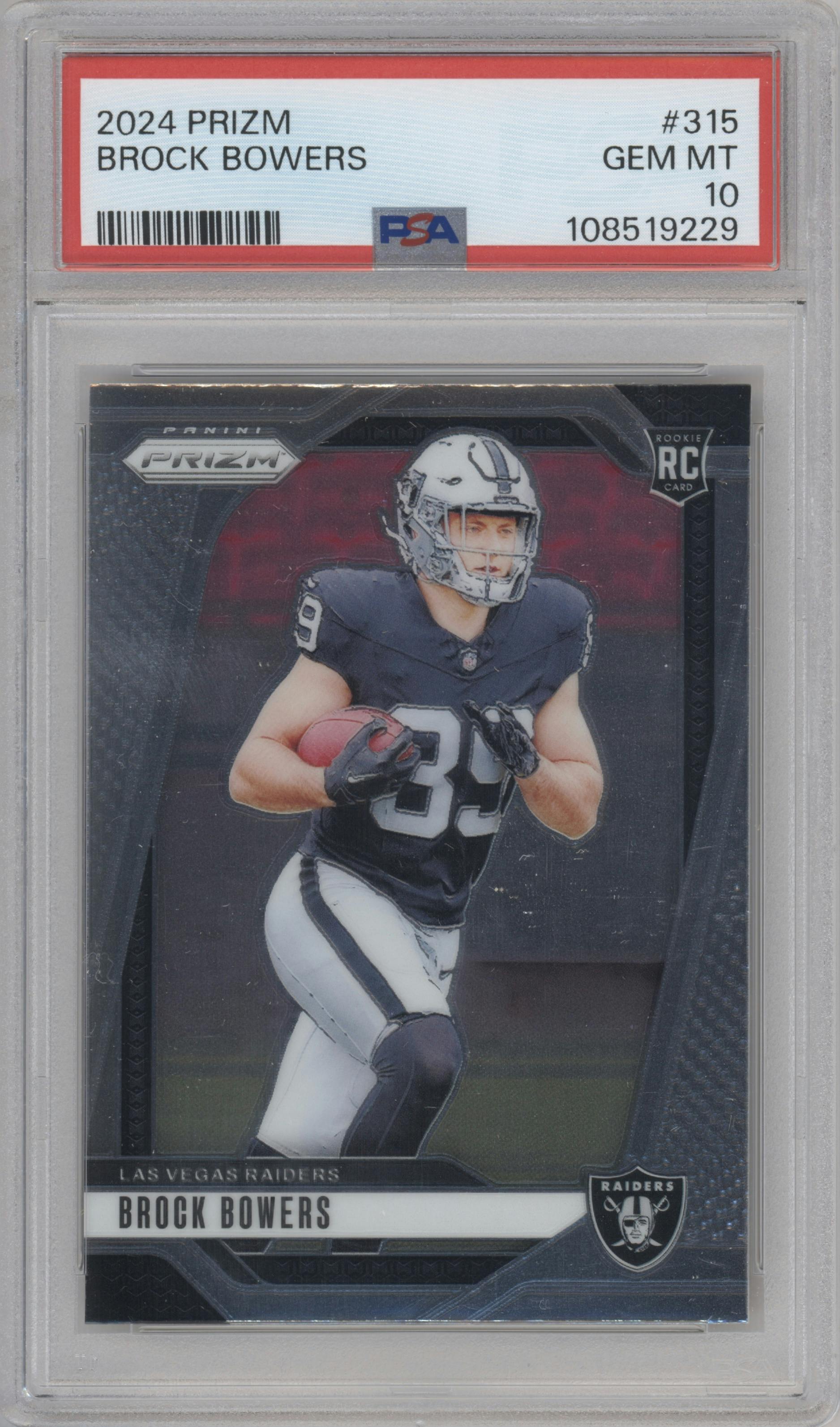 Brock Bowers from the 2024 Panini Prizm set graded by PSA and given an overall grade of 10.