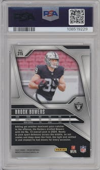 Brock Bowers from the 2024 Panini Prizm set graded by PSA and given an overall grade of 10.