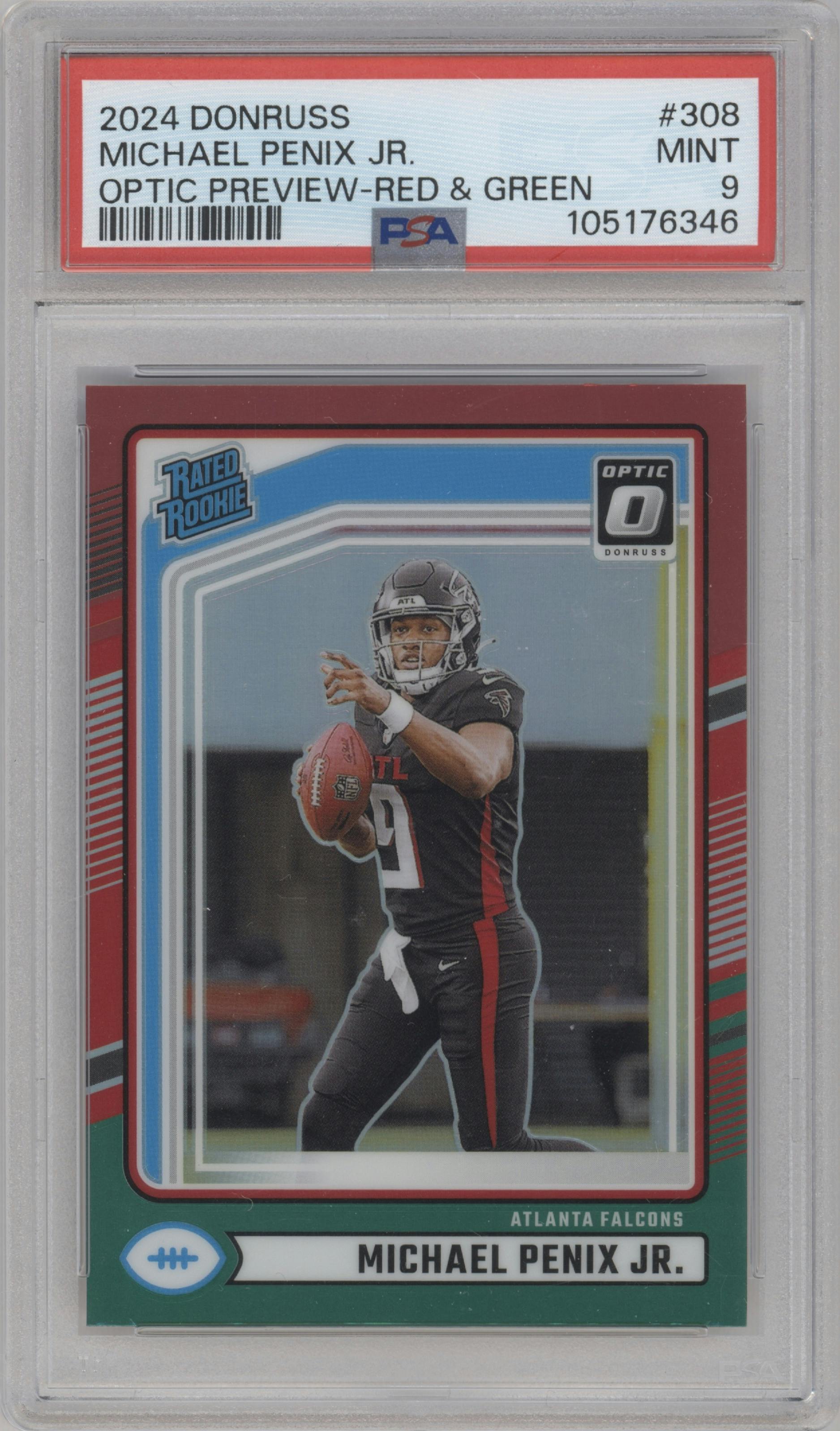 Michael Penix Jr.  from the 2024 Donruss set featuring a Red and Green parallel graded by PSA and given an overall grade of 9.