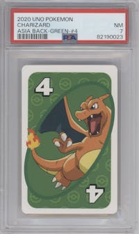 Charizard from the 2020 Uno Pokemon set graded by PSA and given an overall grade of 7.
