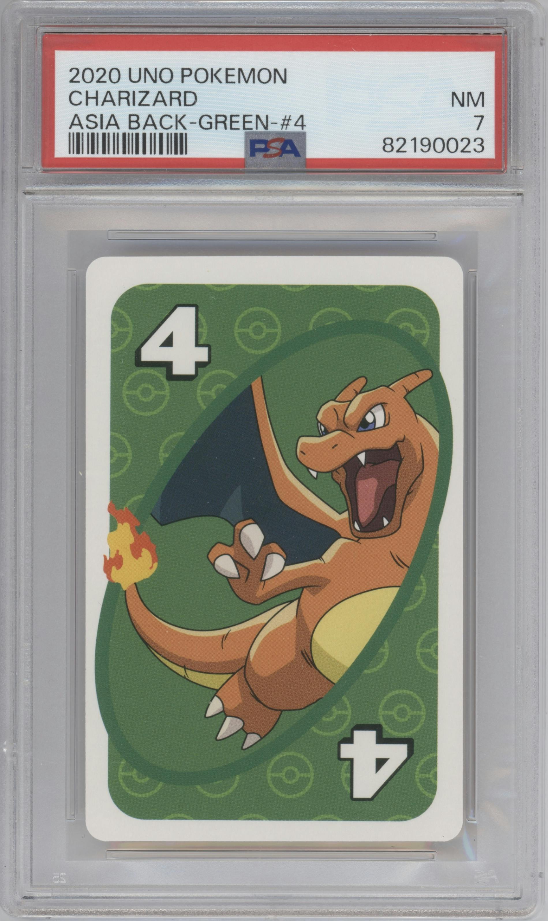 Charizard from the 2020 Uno Pokemon set graded by PSA and given an overall grade of 7.