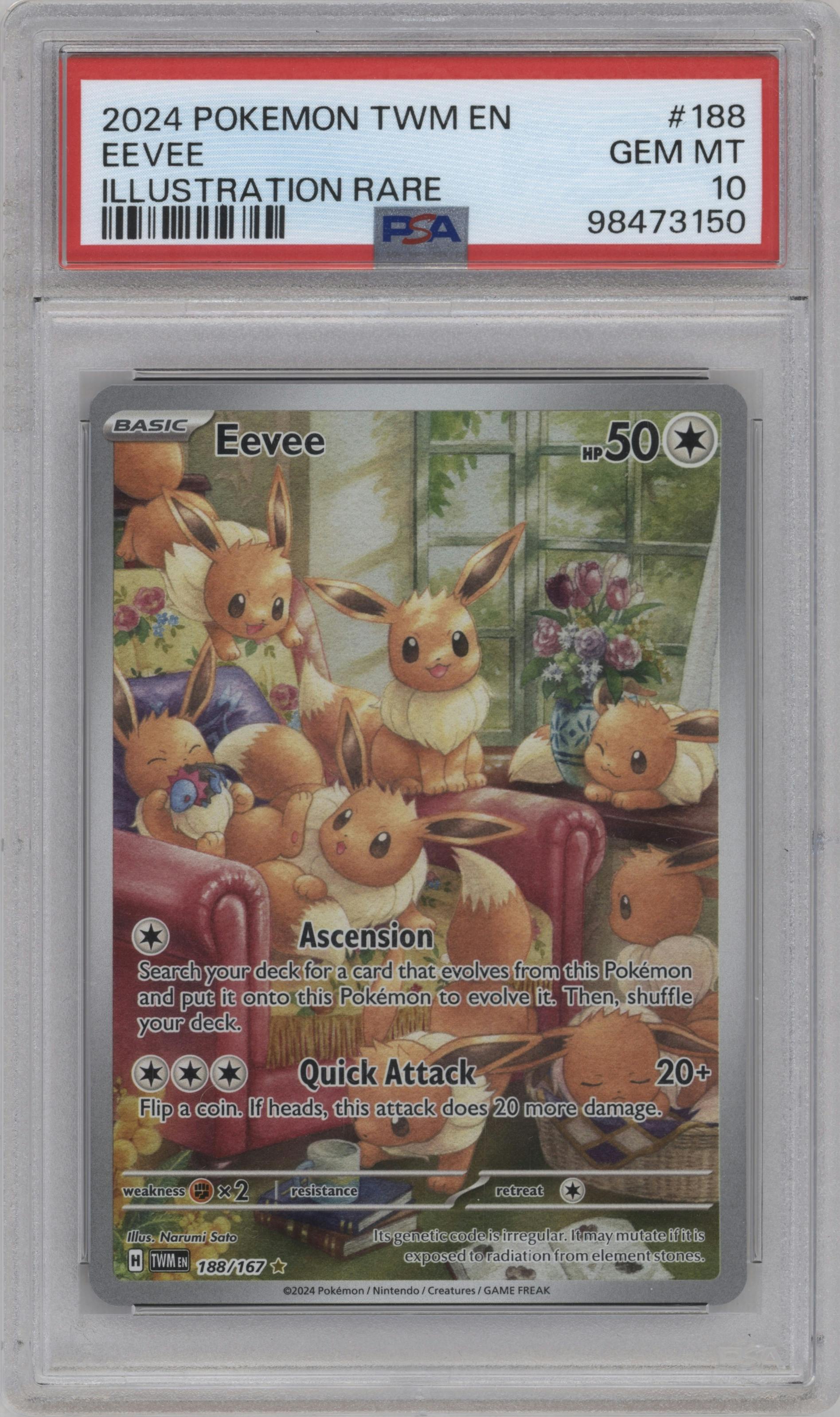 Eevee from the 2024 Pokemon SV set graded by PSA and given an overall grade of 10.