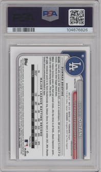 Shohei Ohtani from the 2024 Bowman Chrome set featuring a Refractor parallel graded by PSA and given an overall grade of 10.