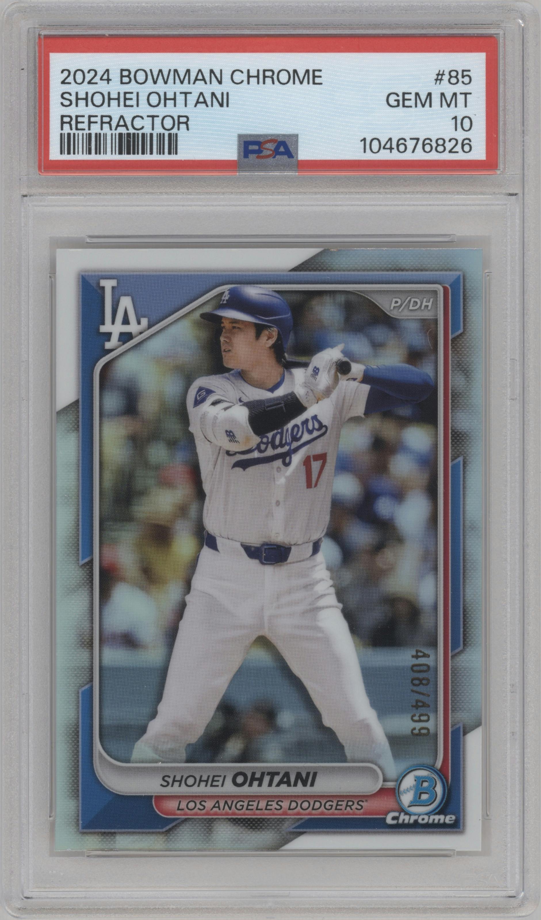 Shohei Ohtani from the 2024 Bowman Chrome set featuring a Refractor parallel graded by PSA and given an overall grade of 10.