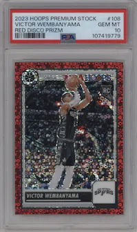 Victor Wembanyama from the 2023-24 Panini Hoops Premium Stock set featuring a Disco Red parallel graded by PSA and given an overall grade of 10.