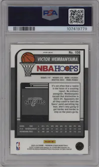 Victor Wembanyama from the 2023-24 Panini Hoops Premium Stock set featuring a Disco Red parallel graded by PSA and given an overall grade of 10.