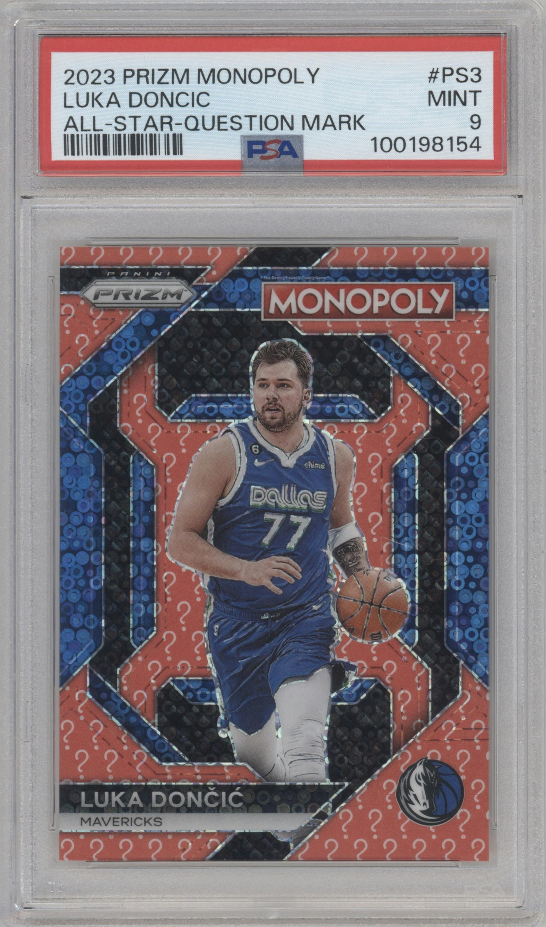 Luka Doncic from the 2023-24 Panini Prizm Monopoly set featuring a Question Mark parallel graded by PSA and given an overall grade of 9.