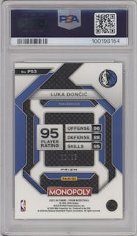 Luka Doncic from the 2023-24 Panini Prizm Monopoly set featuring a Question Mark parallel graded by PSA and given an overall grade of 9.