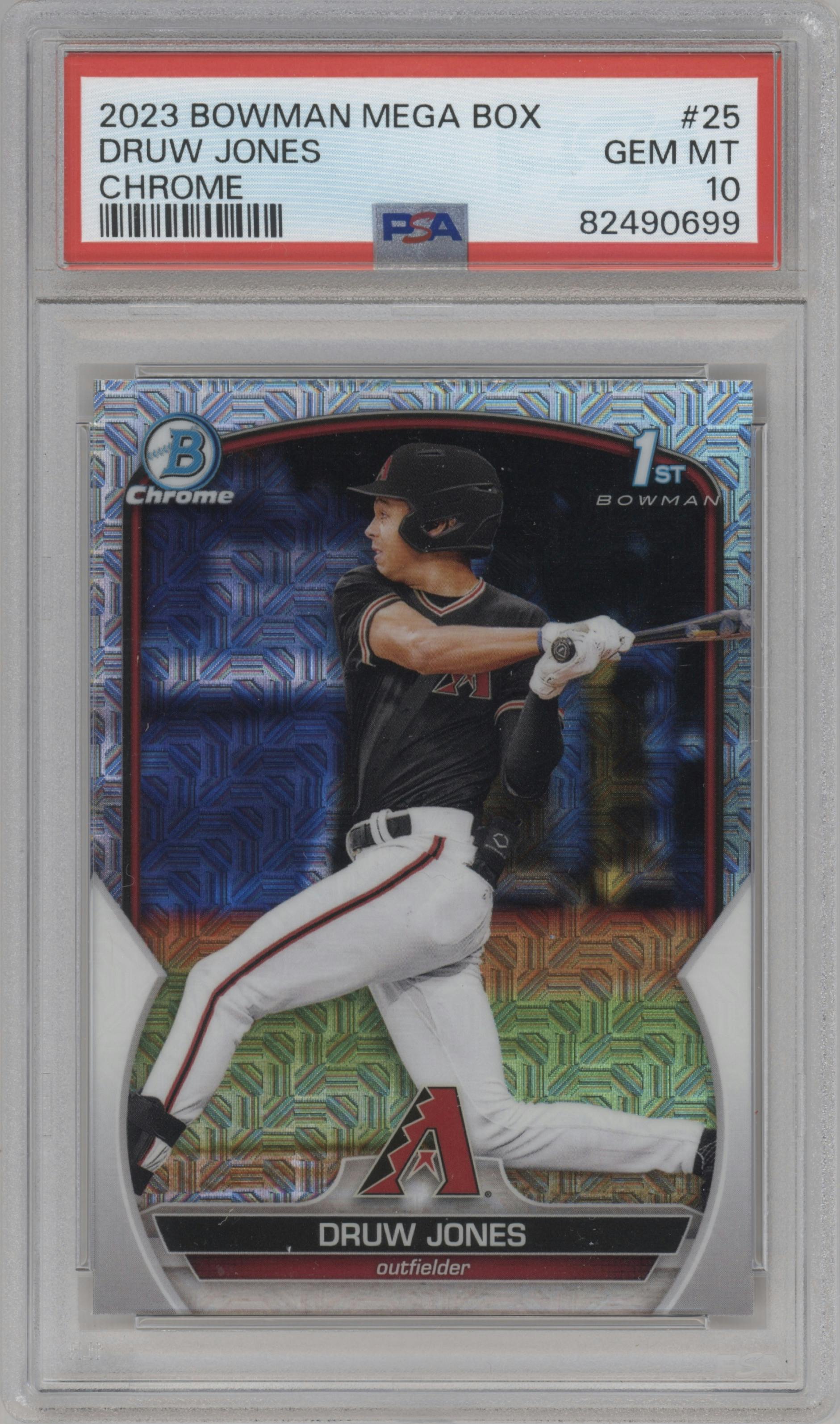 Druw Jones from the 2023 Bowman Mega Box set graded by PSA and given an overall grade of 10.