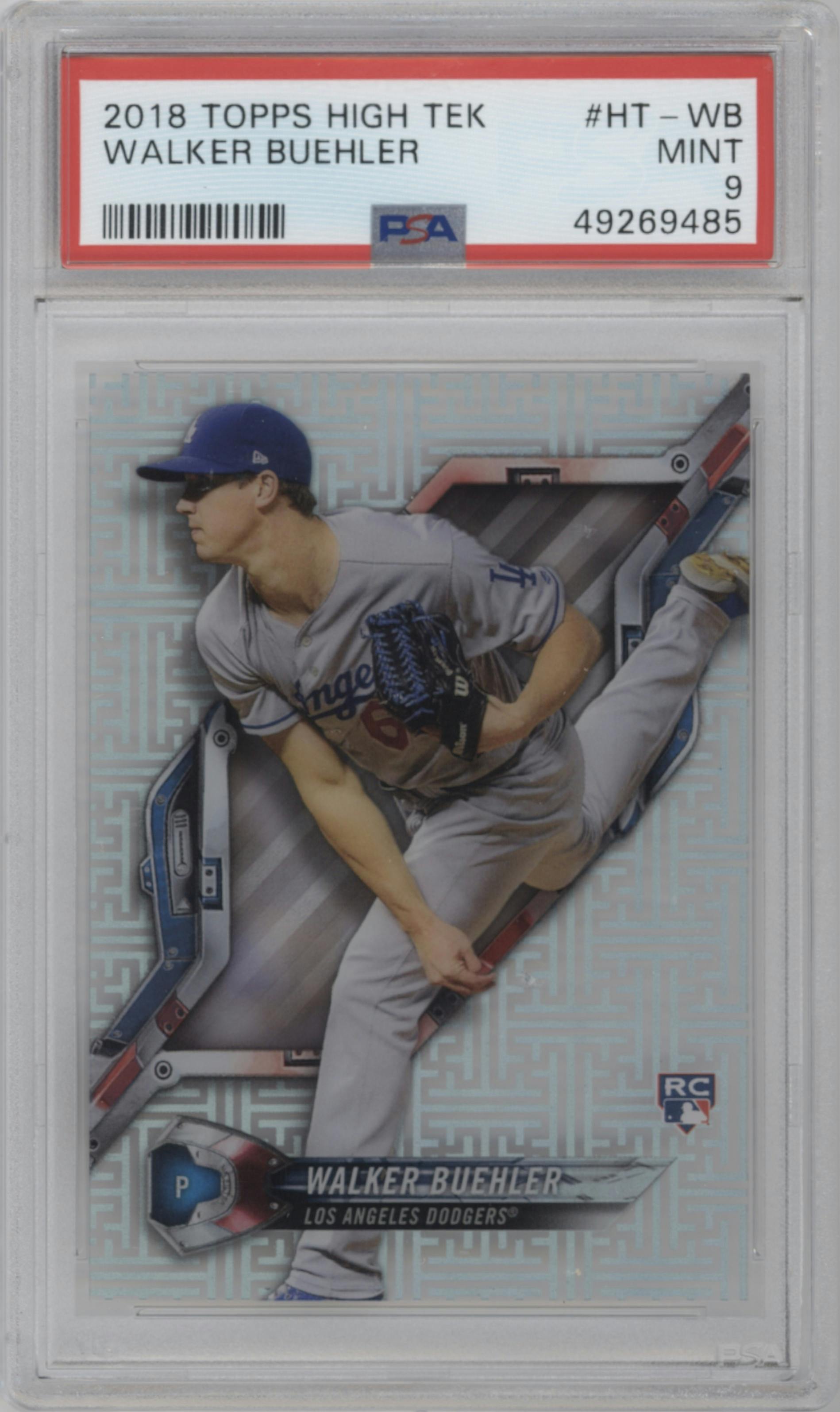 Walker Buehler from the 2018 Topps High Tek set graded by PSA and given an overall grade of 9.