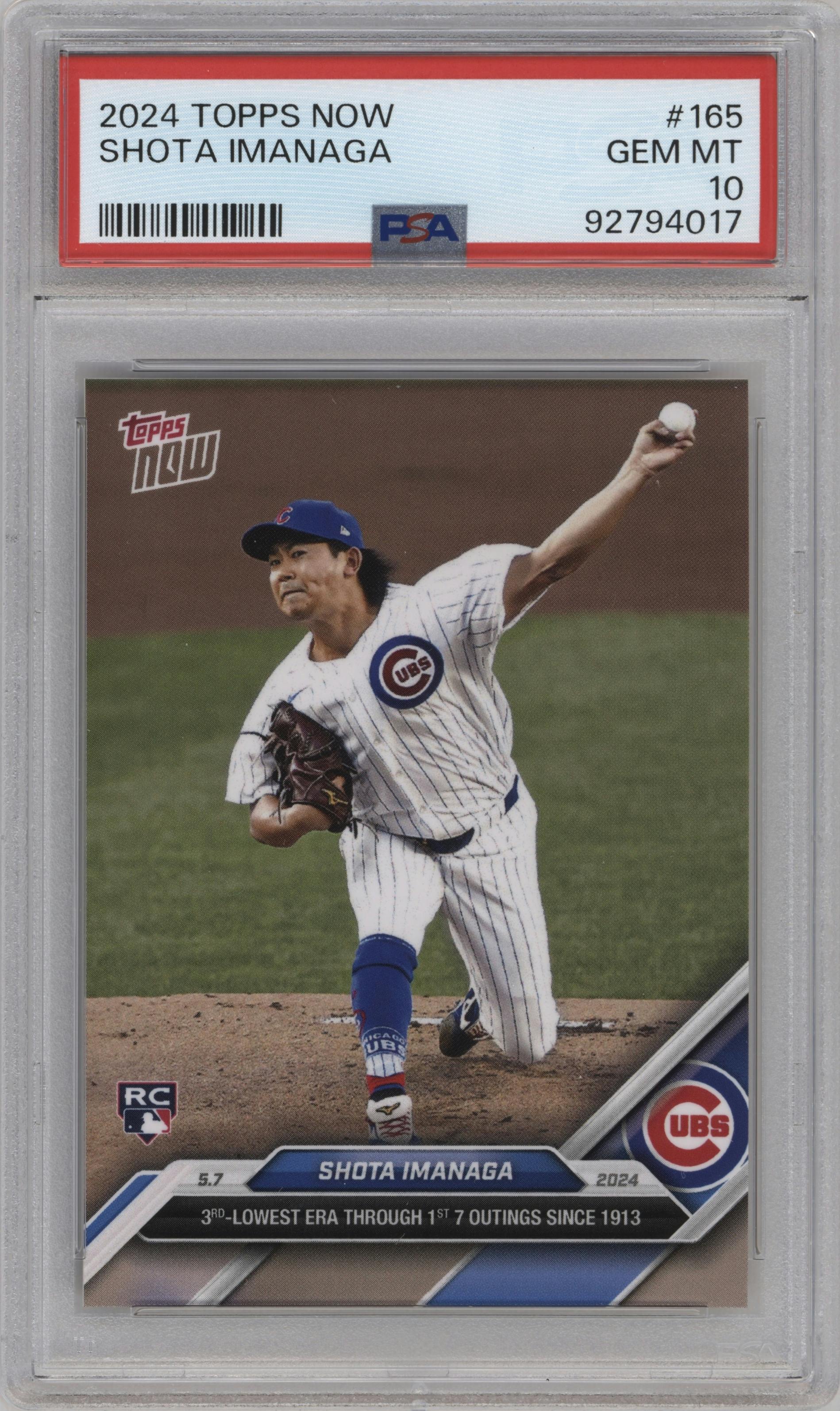 Shota Imanaga from the 2024 Topps Now set graded by PSA and given an overall grade of 10.