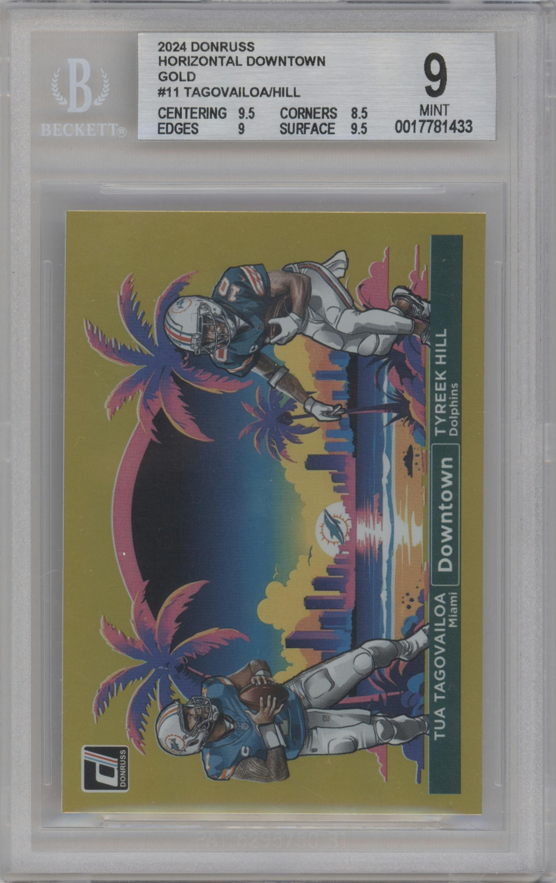 Tua Tagovailoa/Tyreek Hill from the 2024 Donruss set featuring a Gold parallel graded by Beckett and given an overall grade of 9.