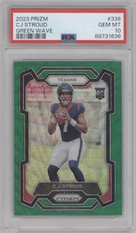 C.J. Stroud from the 2023 Panini Prizm set featuring a Green Wave  parallel graded by PSA and given an overall grade of 10.