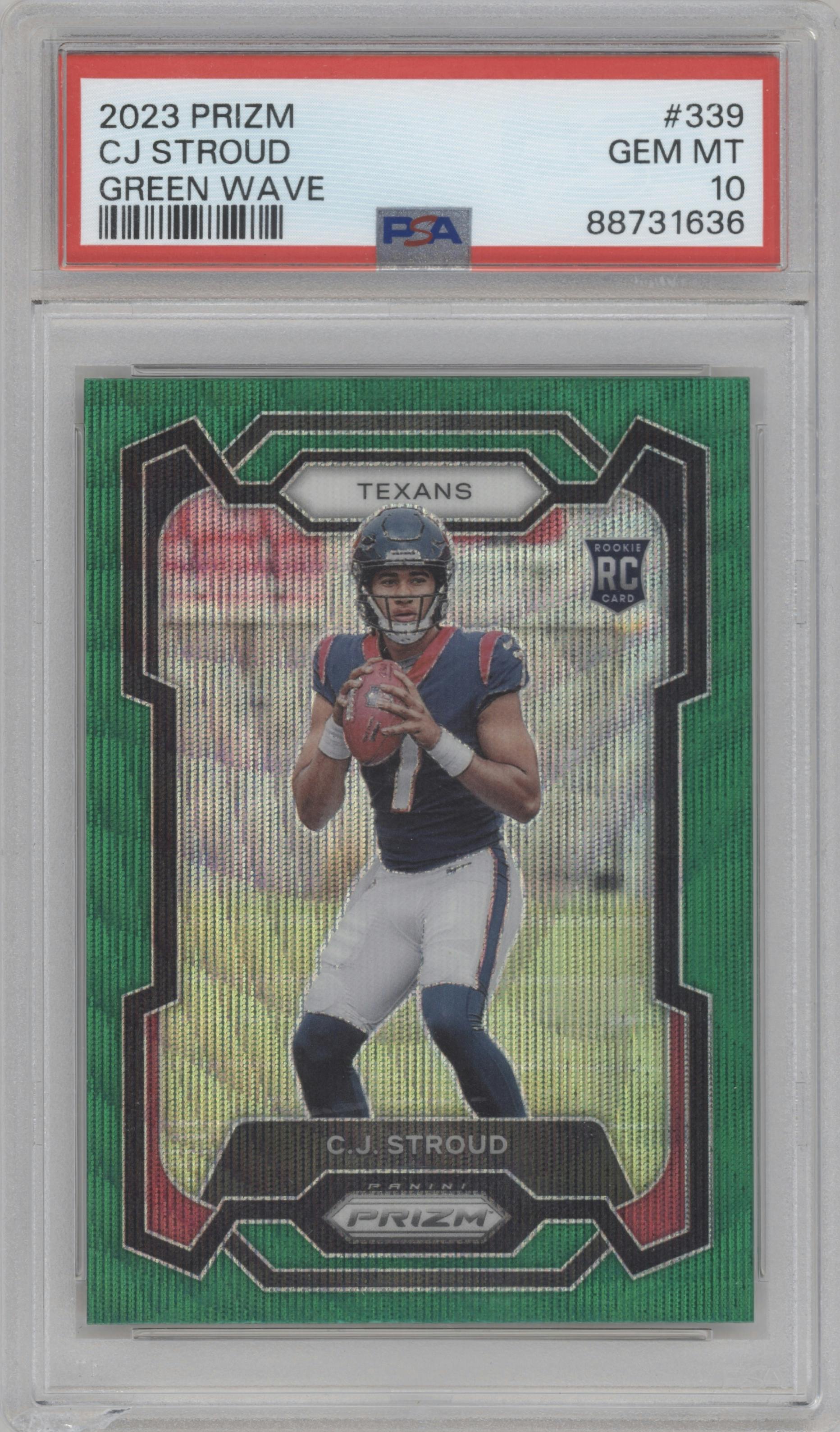 C.J. Stroud from the 2023 Panini Prizm set featuring a Green Wave  parallel graded by PSA and given an overall grade of 10.