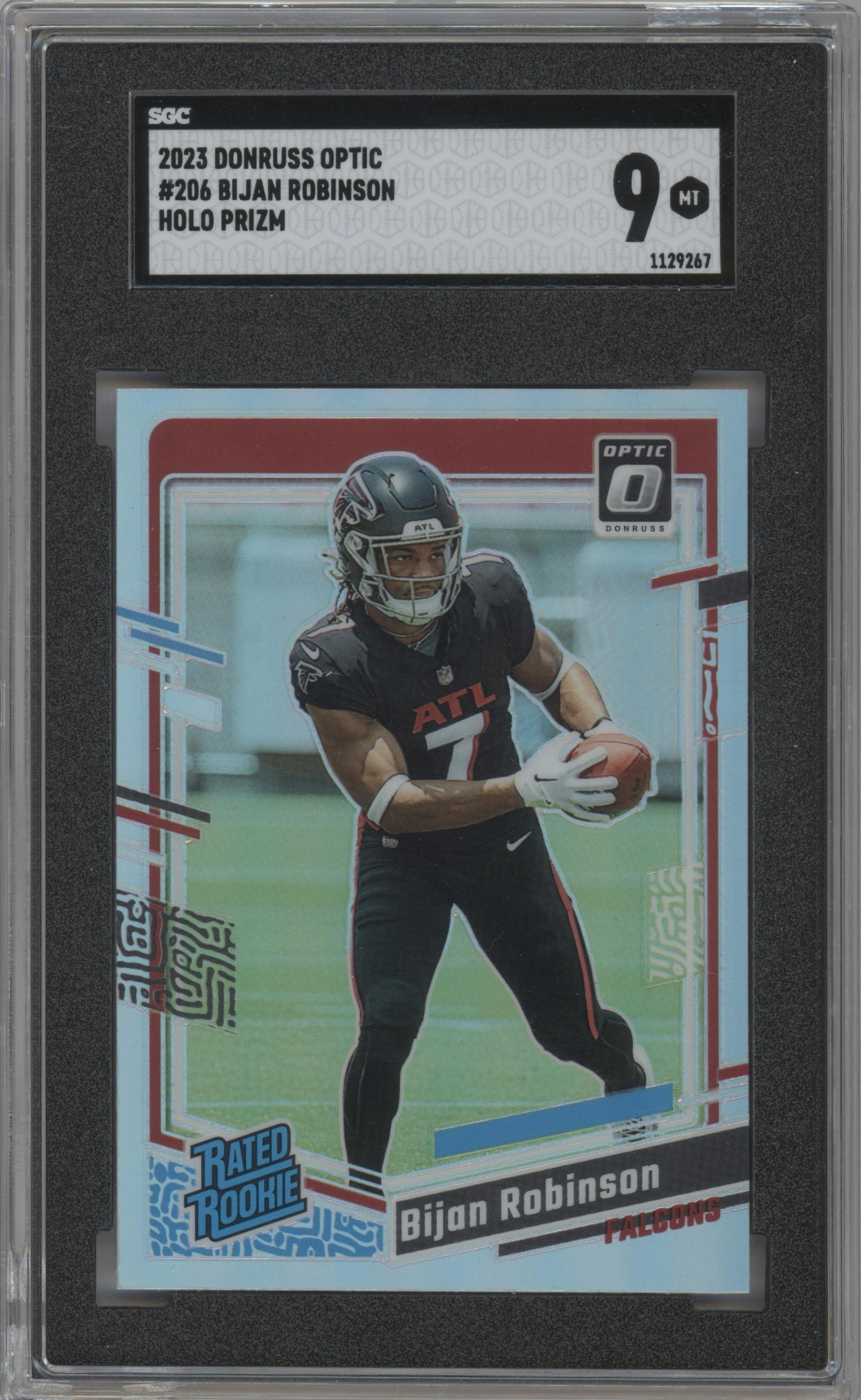Bijan Robinson from the 2023 Donruss Optic set featuring a Holo parallel graded by SGC and given an overall grade of 9.