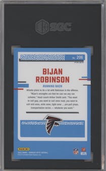 Bijan Robinson from the 2023 Donruss Optic set featuring a Holo parallel graded by SGC and given an overall grade of 9.