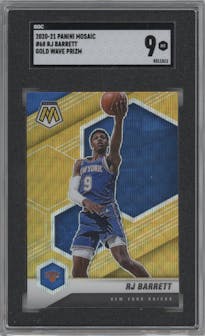 RJ Barrett from the 2020-21 Panini Mosaic set featuring a Gold Wave parallel graded by SGC and given an overall grade of 9.