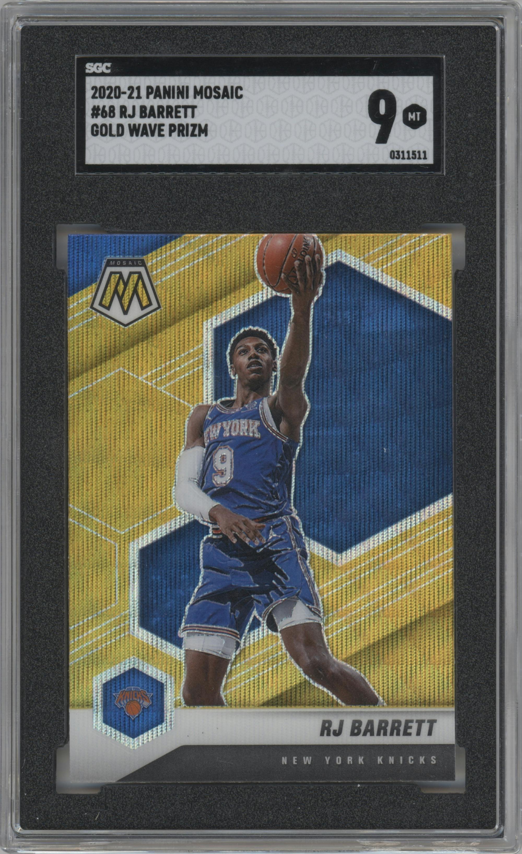 RJ Barrett from the 2020-21 Panini Mosaic set featuring a Gold Wave parallel graded by SGC and given an overall grade of 9.