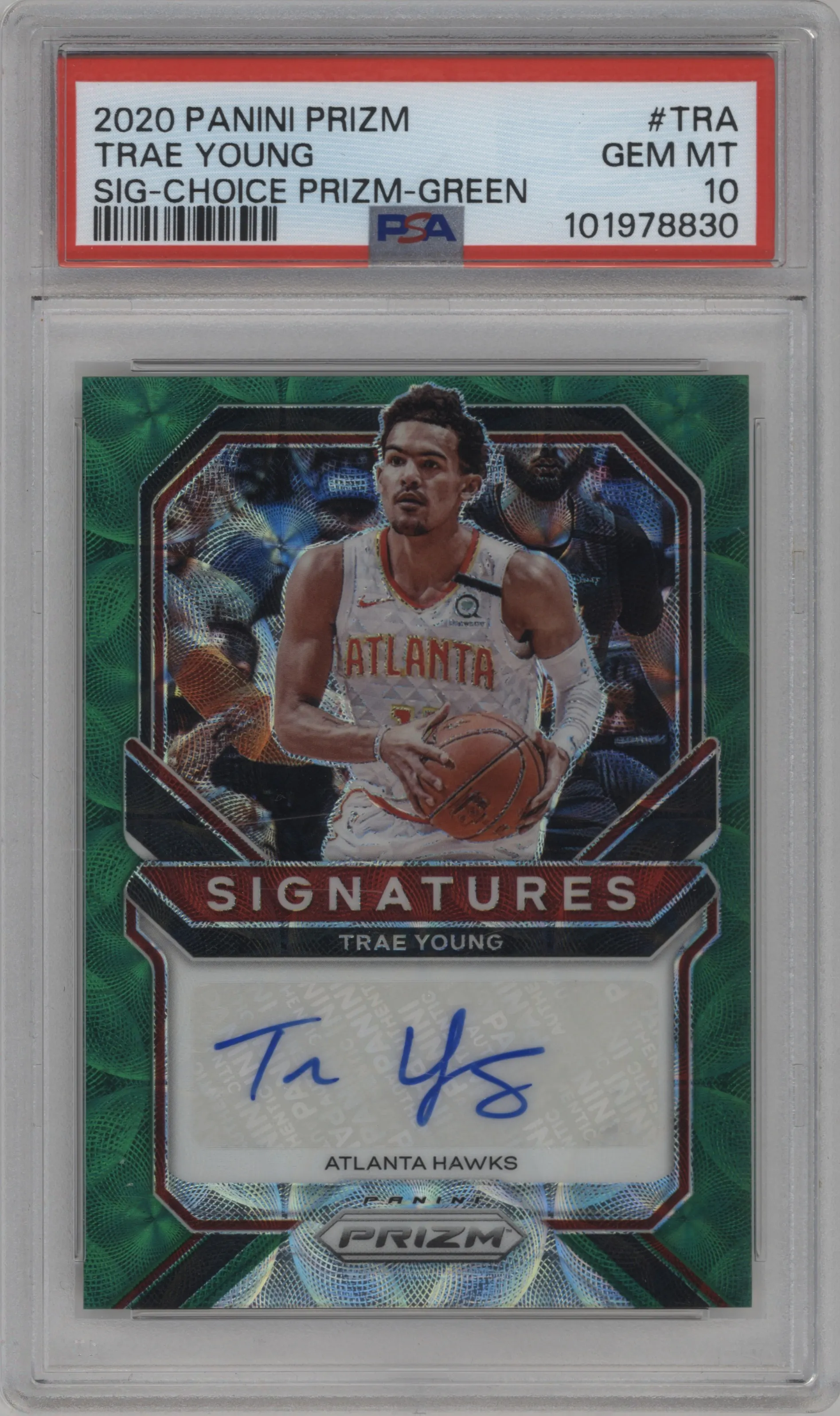 2020 Panini Prizm Sig. Trae Young Choice Green Prizm #SI-TRA PSA 10