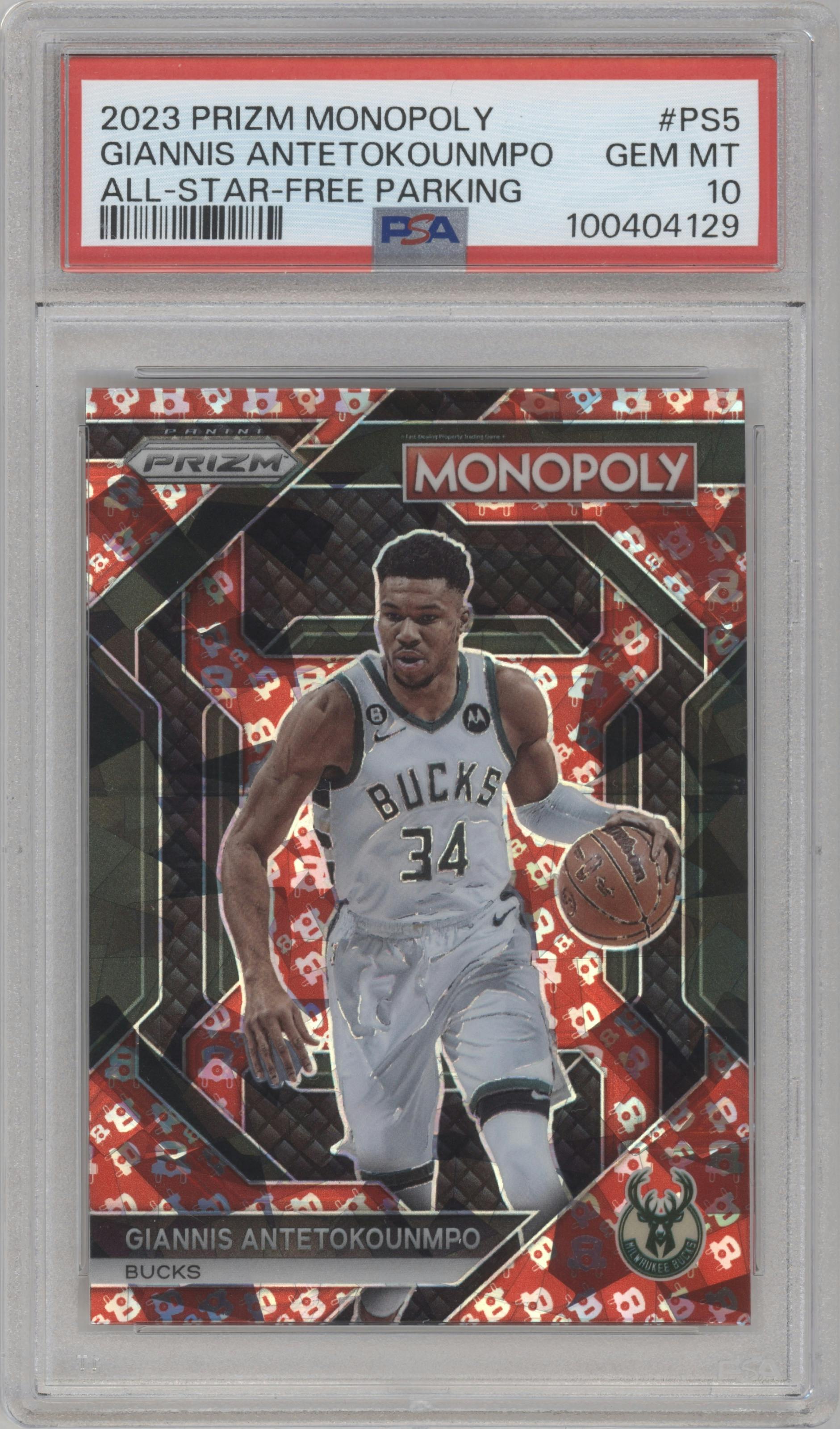 Giannis Antetokounmpo from the 2023-24 Panini Prizm Monopoly set featuring a Free Parking parallel graded by PSA and given an overall grade of 10.