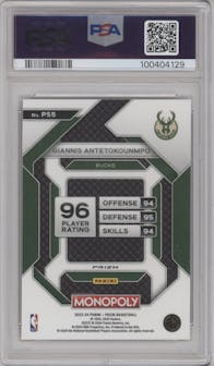 Giannis Antetokounmpo from the 2023-24 Panini Prizm Monopoly set featuring a Free Parking parallel graded by PSA and given an overall grade of 10.