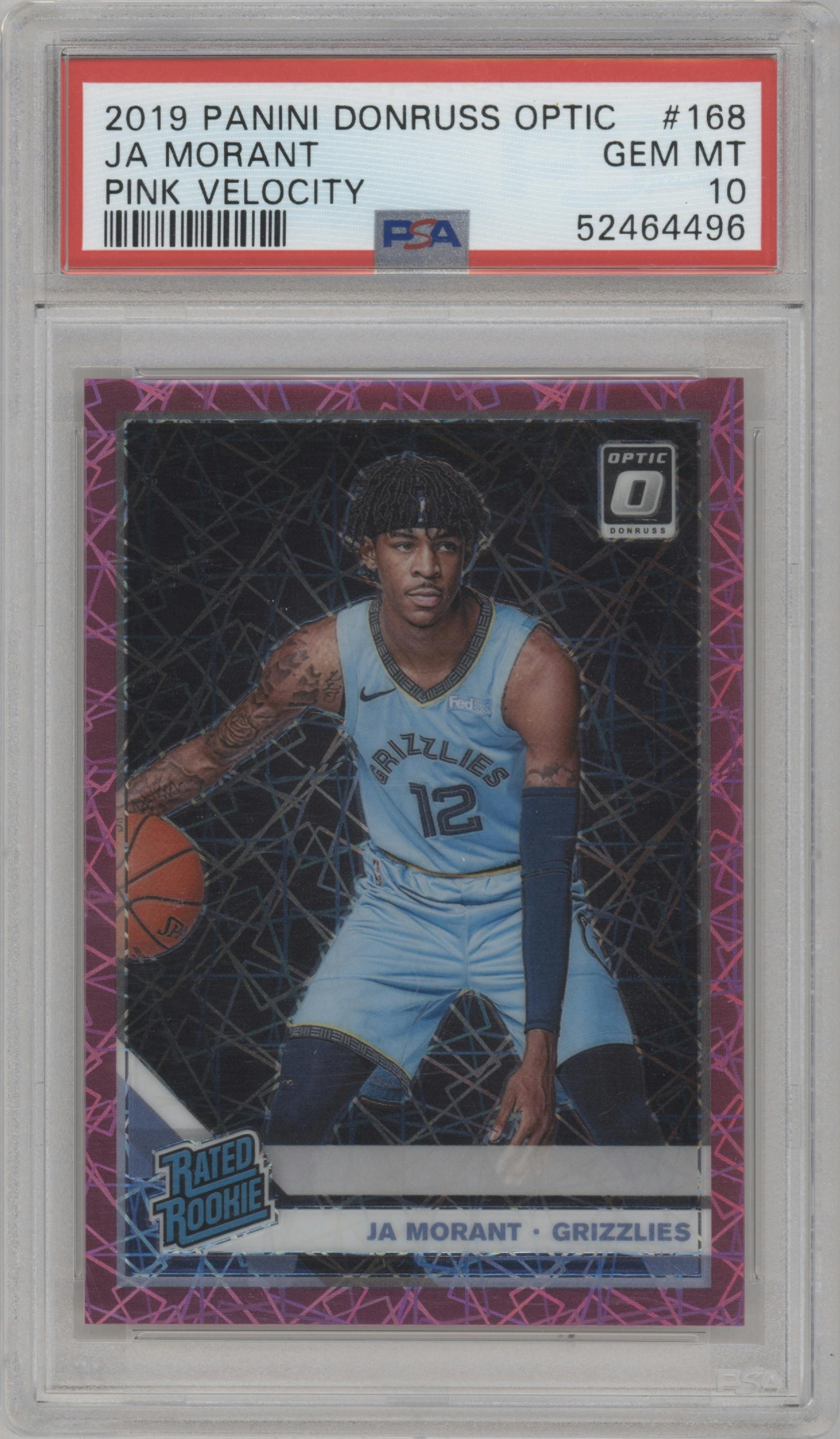 Ja Morant from the 2019-20 Panini Donruss Optic set featuring a Pink Velocity  parallel graded by PSA and given an overall grade of 10.