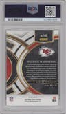 Patrick Mahomes II from the 2023 Panini Select set featuring a Green Disco Prizm parallel graded by PSA and given an overall grade of 10.