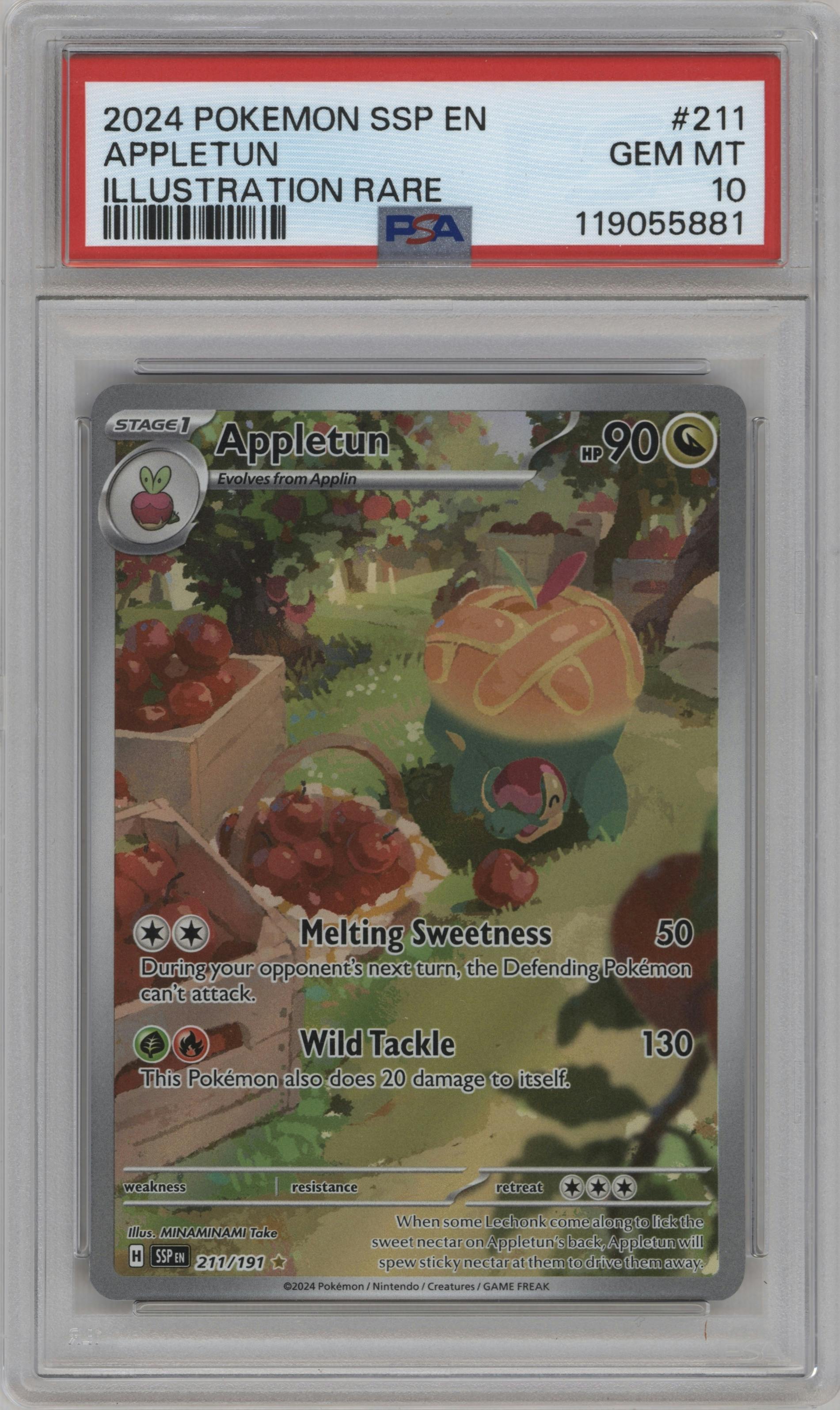Appletun from the 2024 Pokemon SV set graded by PSA and given an overall grade of 10.