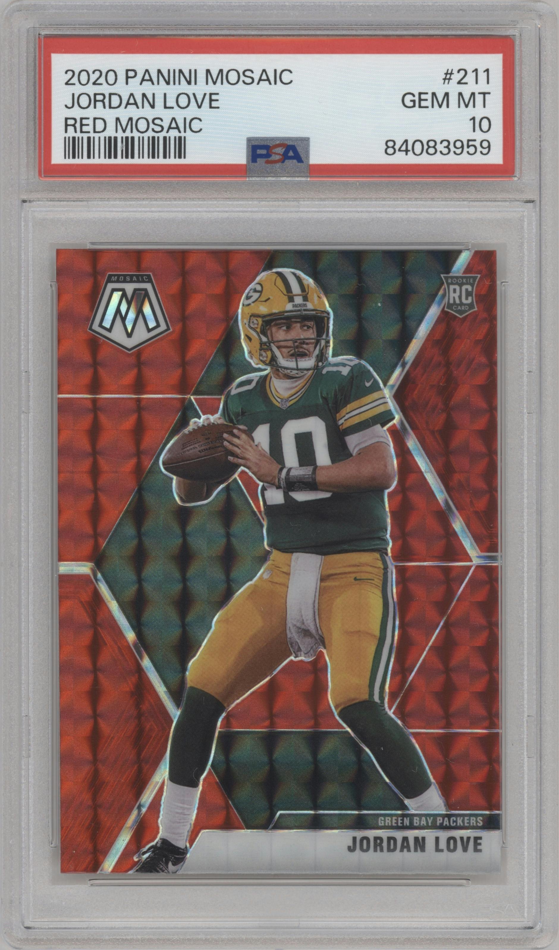 Jordan Love from the 2020 Panini Mosaic set featuring a Red Mosaic parallel graded by PSA and given an overall grade of 10.